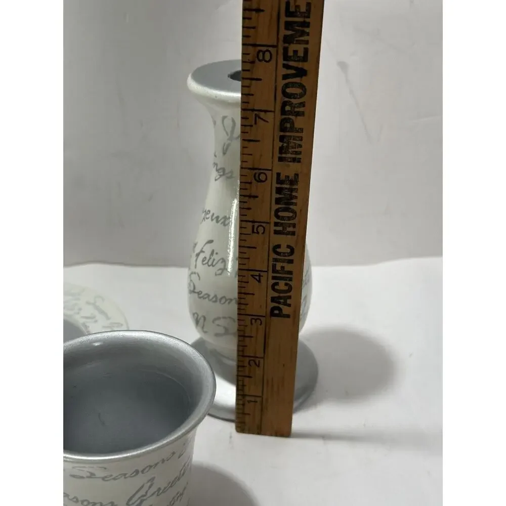 3 Piece Set Candle Holder Cup And‎ Plate Writing Seasons Greetings White Ceramic